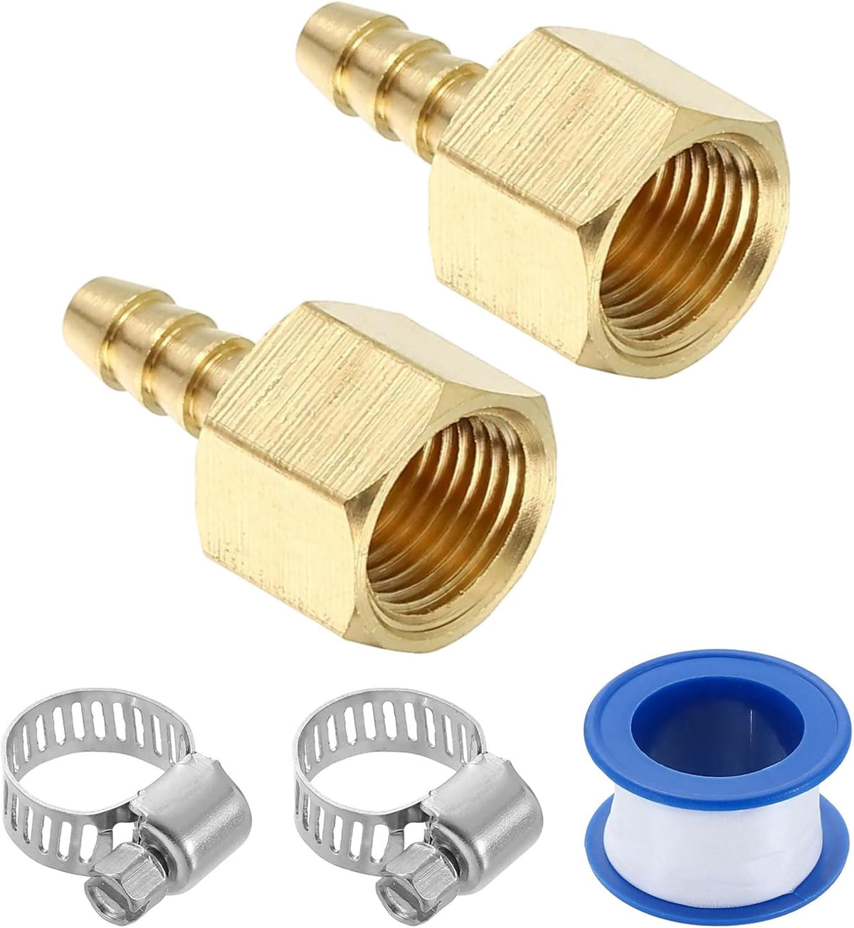 2Pcs Brass Hose Barb Fittings, 1/8" Barb x 1/8" NPT Female Hose Connector with Hose Clamps for Water Fuel Gas Oil Transportation