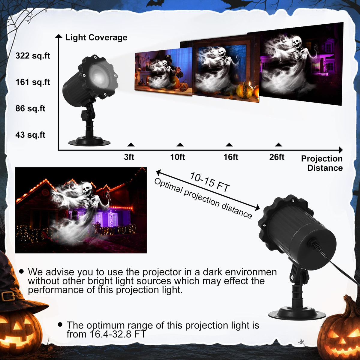 LinkMejor Halloween Projektorlys, udendne spookhvegter, hvitt