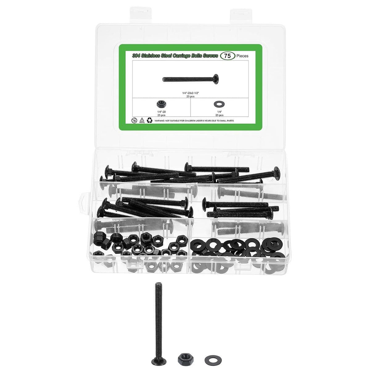 25 Set Carriage Bolts and Nuts Kit, 1/4"-20x2-1/2 Stainless Steel 304 Round Head Square Neck Carriage Bolts Screws and Hex Nuts and Flat Washers - Black