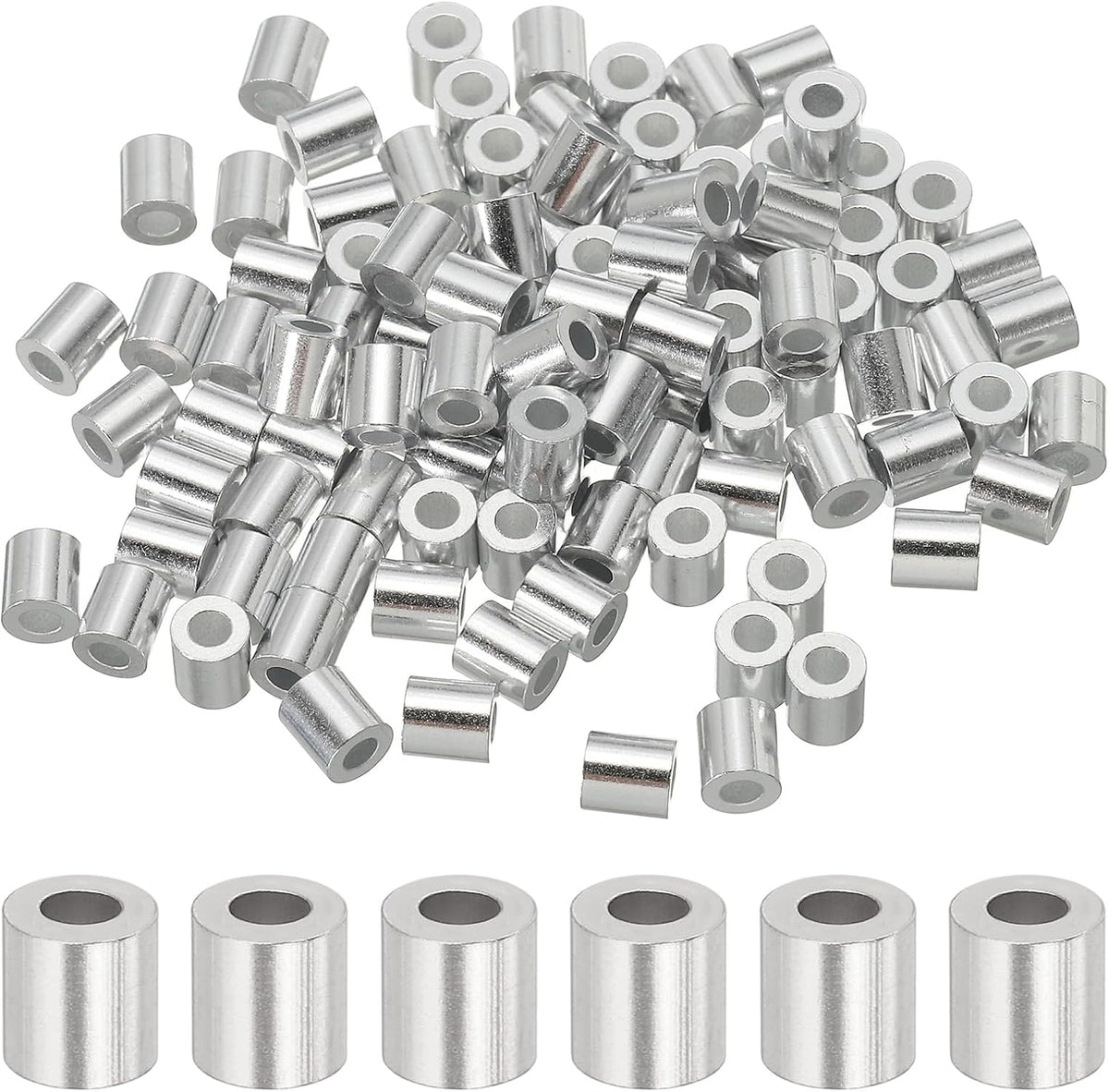 1/16"(2mm) Aluminum Crimping Loop Sleeve, Wire Rope Stop Sleeve Round Crimp Ferrules for Wire Rope and Cable Ferrule, Silver 100Pcs