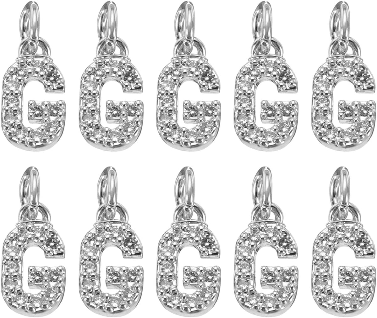 LinkMejor Rhinestone Letter Charm, 10pcs Crystal Zirconia Copper Alphabet g Pendants Slider Letter Charm for Wristbands Bracelets Necklace Jewelry Earring DIY Craft, Silver
