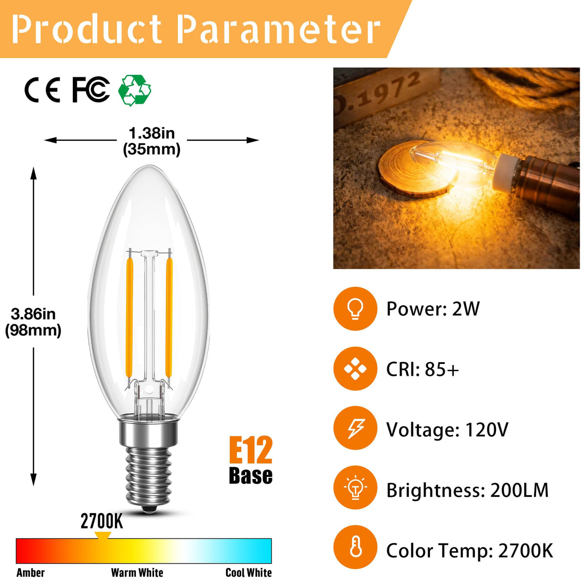 Justerbar B11 LED E12 Lyspære 25 Watt Type B Lyspære 2W, 2700K 200LM