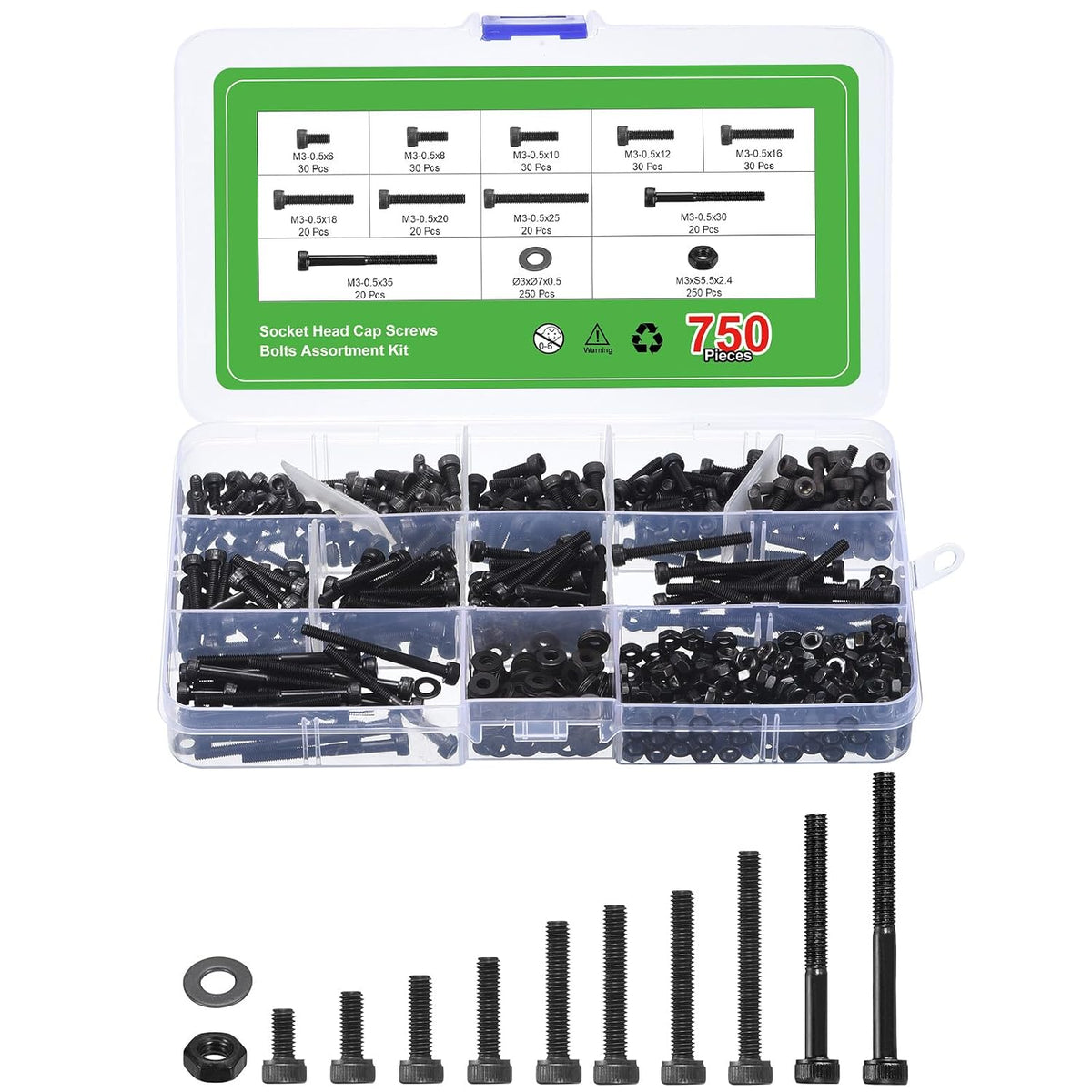Hex Socket Bolt Kits (M3), Grade 12.9 Carbon Steel Hex Socket Drive Screw, Black