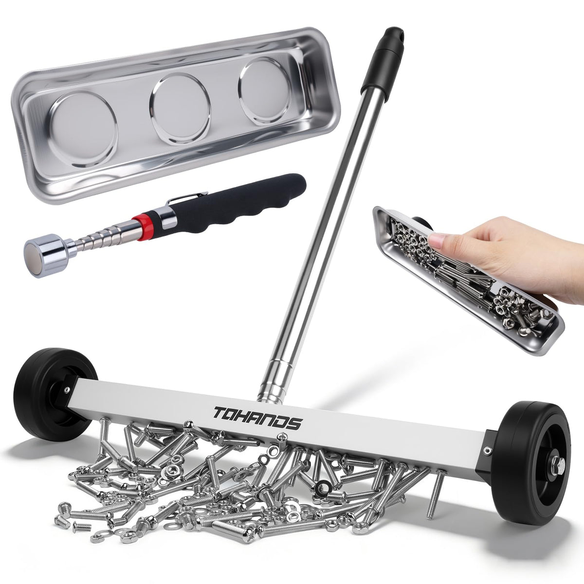 LinkMejor Spazzolatrice Magnetica con Ruote e Magnete Telescopico 3-Pz Set