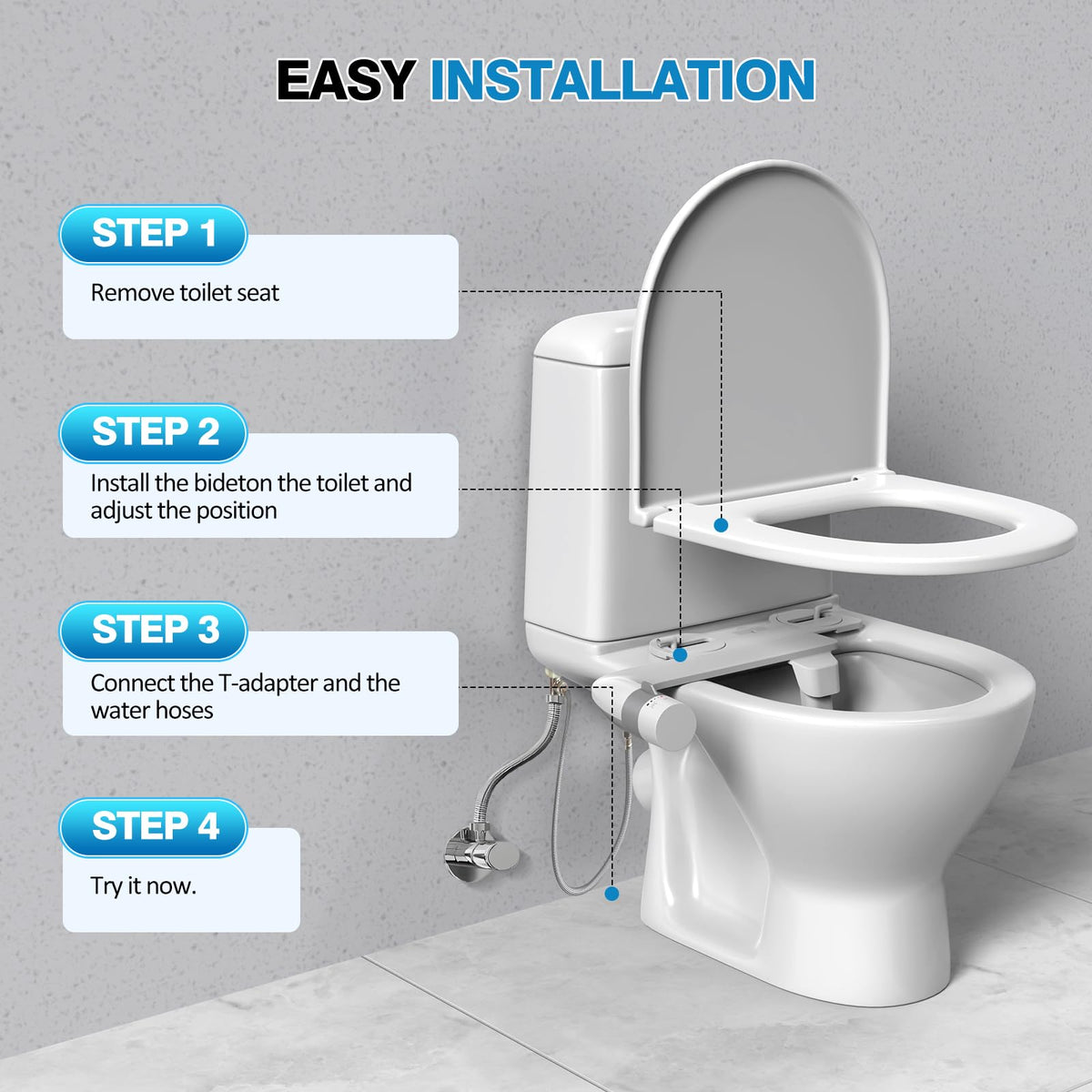 Ikke-elkemodert bidet, dubbeke nozler, justerbar trykk