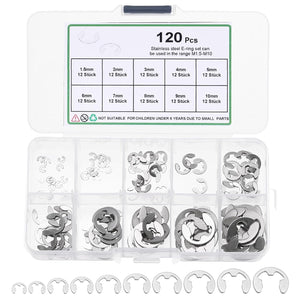 120 Pcs E-Clip External Retaining Rings Kit, 304 Stainless Steel Retaining Circlip Snap Ring Assortment Kit for Valves, Electrical Appliances, Cars and Cylinders, Silver