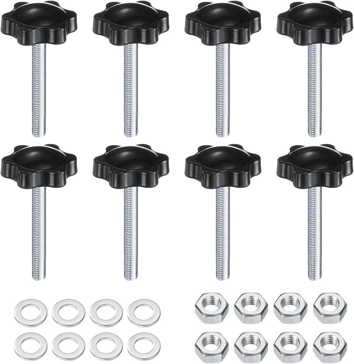 8pcs Star Clamping Knobs with Nuts Washers, M6 x 45mm Metric Zinc Plated Carbon Steel Male Thread 32mm 6-Star Plastic Head, Threaded Stud Hand Knobs Handles Thumb Screws, Black