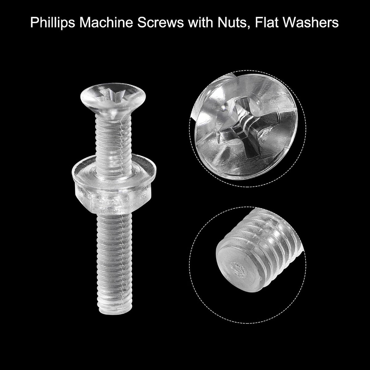 M5 x 12mm Scruj Plastic Phillips cu Nuci și Fileți Plani, Buloți de Scruj PC Cap Plin Transparent 20 Seturi