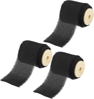 Chiffon Silk Ribbons, 3 Rolls 1.6" x 5 Yards, Handmade Frayed Fringe Satin Ribbons for Gift Wrapping Bridal Bouquets Decoration DIY Crafts, Black