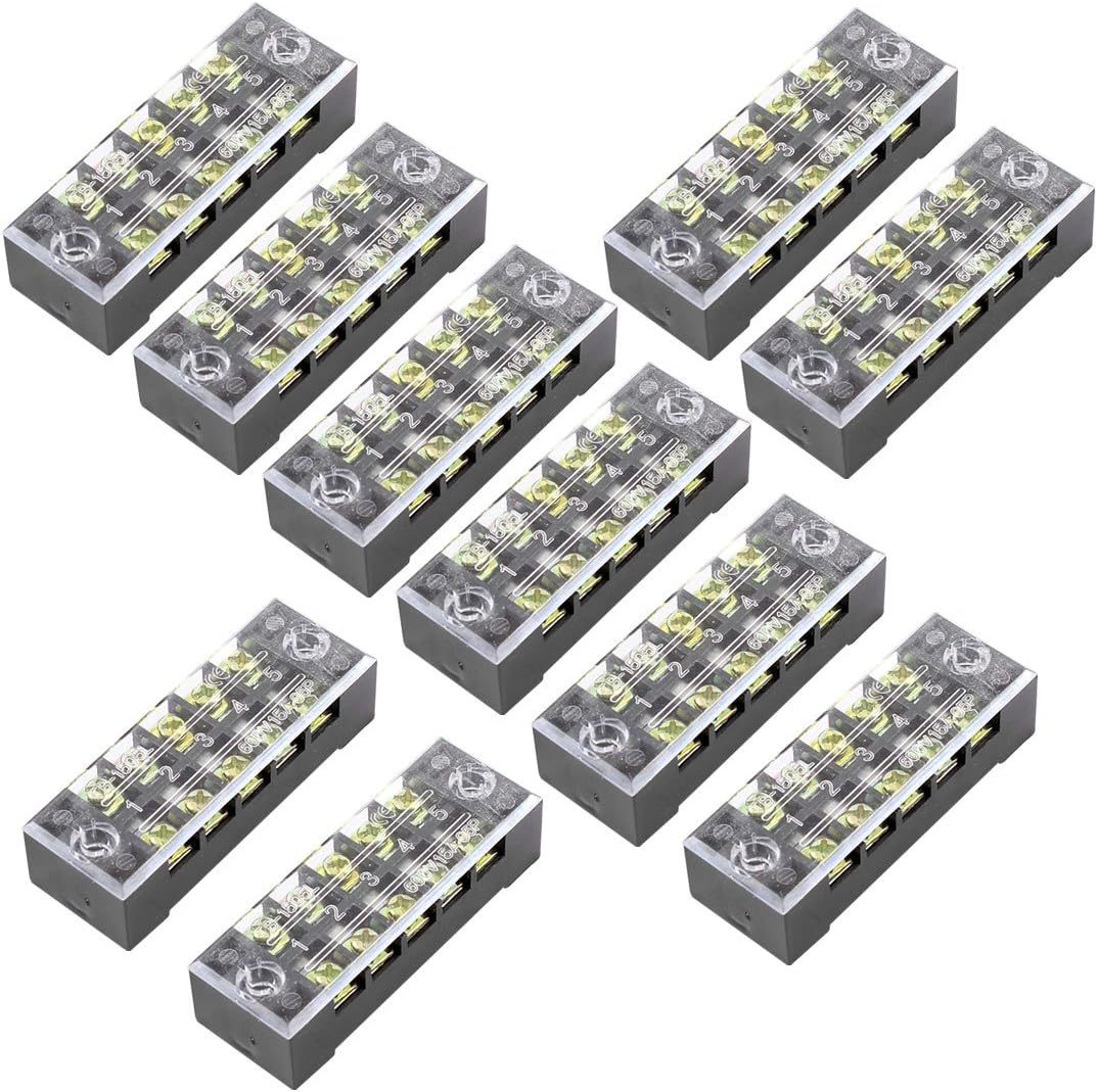 10Pcs Dual Row 5 Positions Screw Terminal Block Strip 600V 15A W Cover