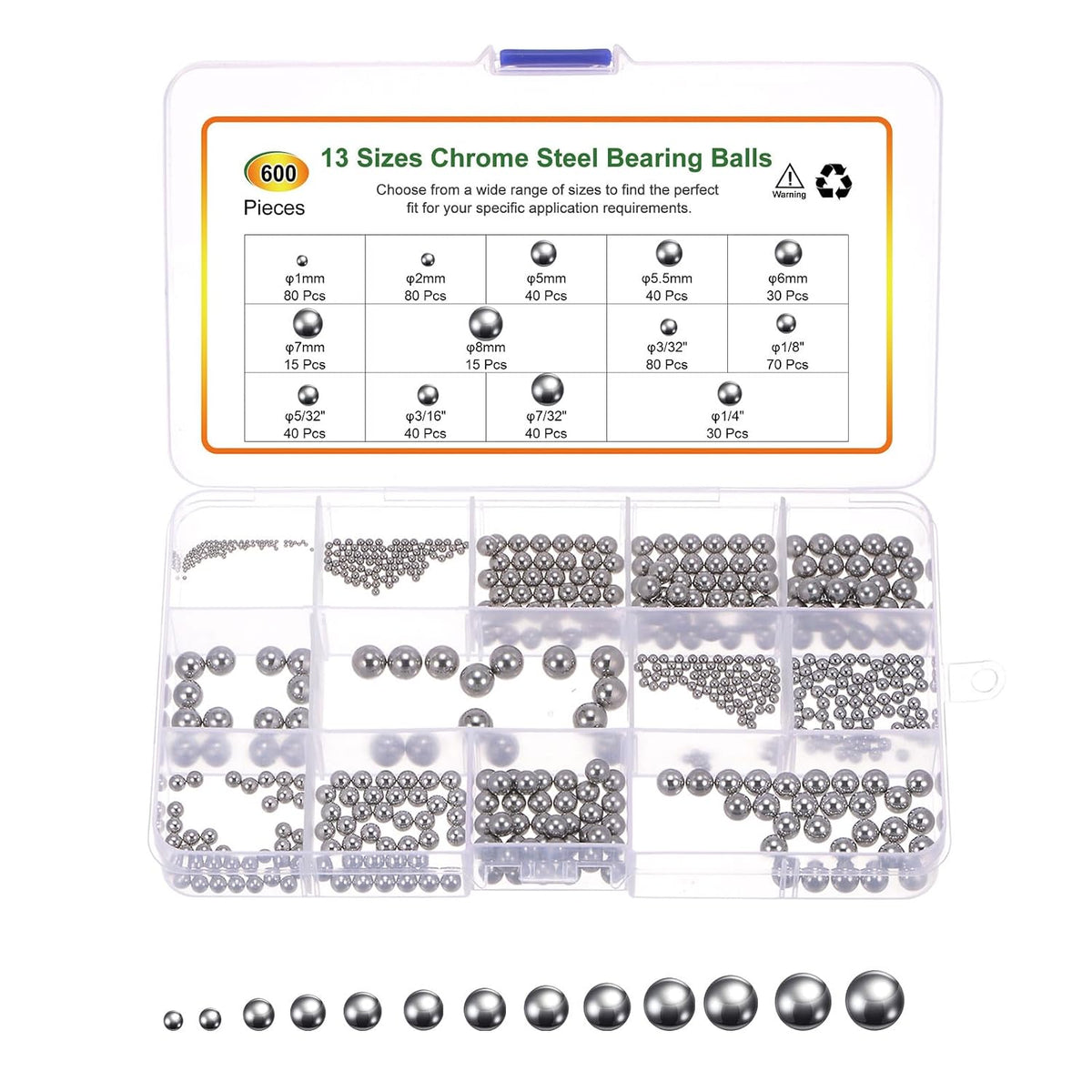 600pcs G10 Precision Balls Assortment Kit 1mm 2mm 5mm 5.5mm 6mm 7mm 8mm 1/4" 3/16" 7/32" 5/32" 1/8" 3/32" Chrome Steel Solid Bearing Balls