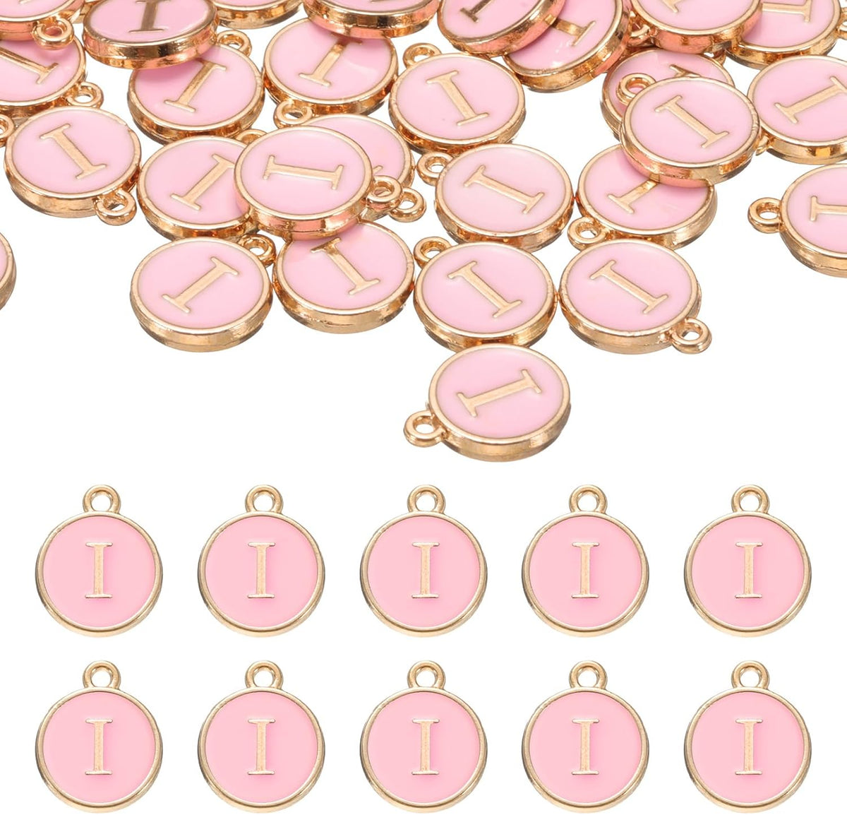 LinkMejor 52pcs Pink Alphabet Letter Pendants, Double Sided Enamel Charm for DIY Jewelry Making