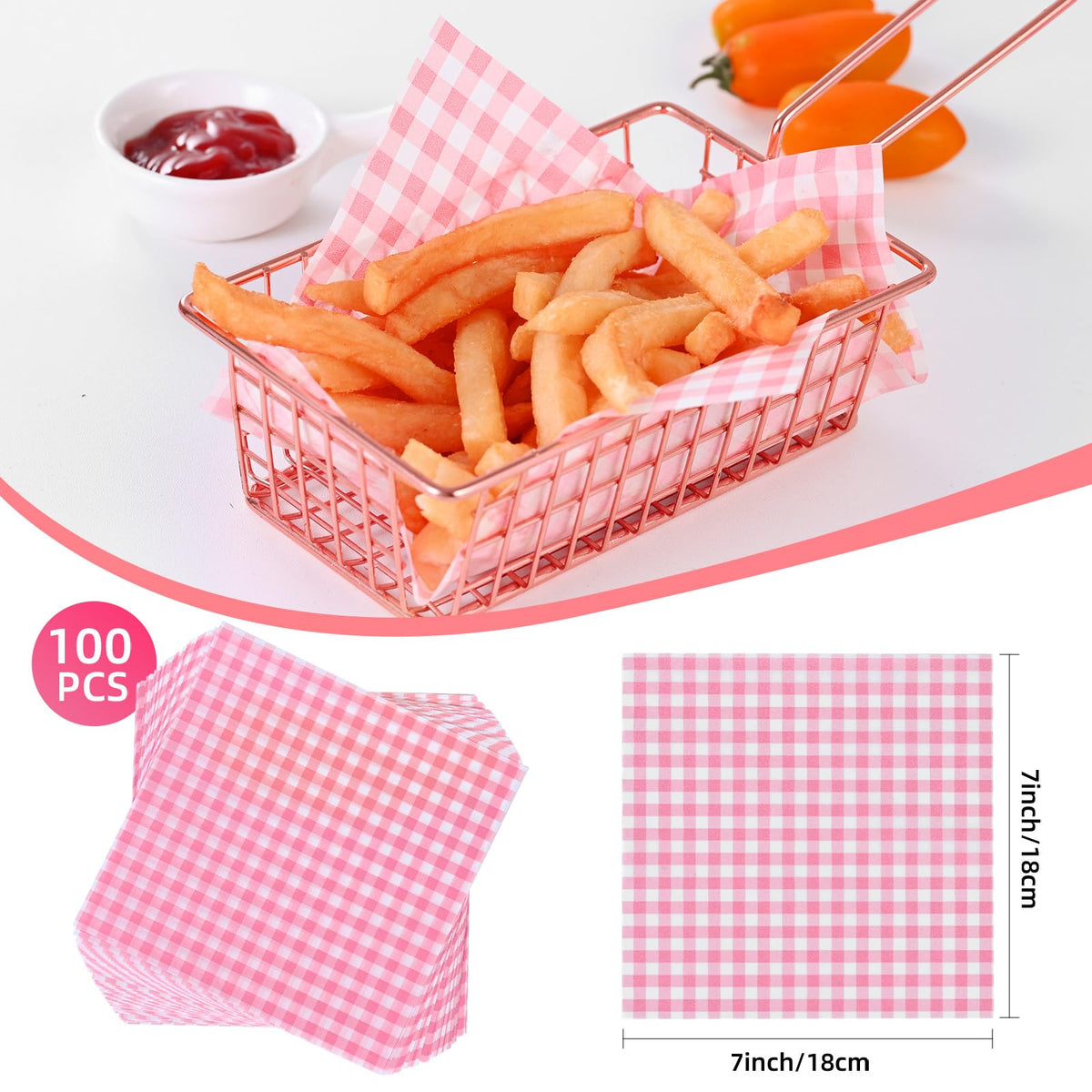 LinkMejor 100 Pieces Wax Paper Sheets 7x7 Inch, Food Basket Liners Deli Wax Paper Sheets for Wrapping Bread Sandwiches Fries, Pink Checkered