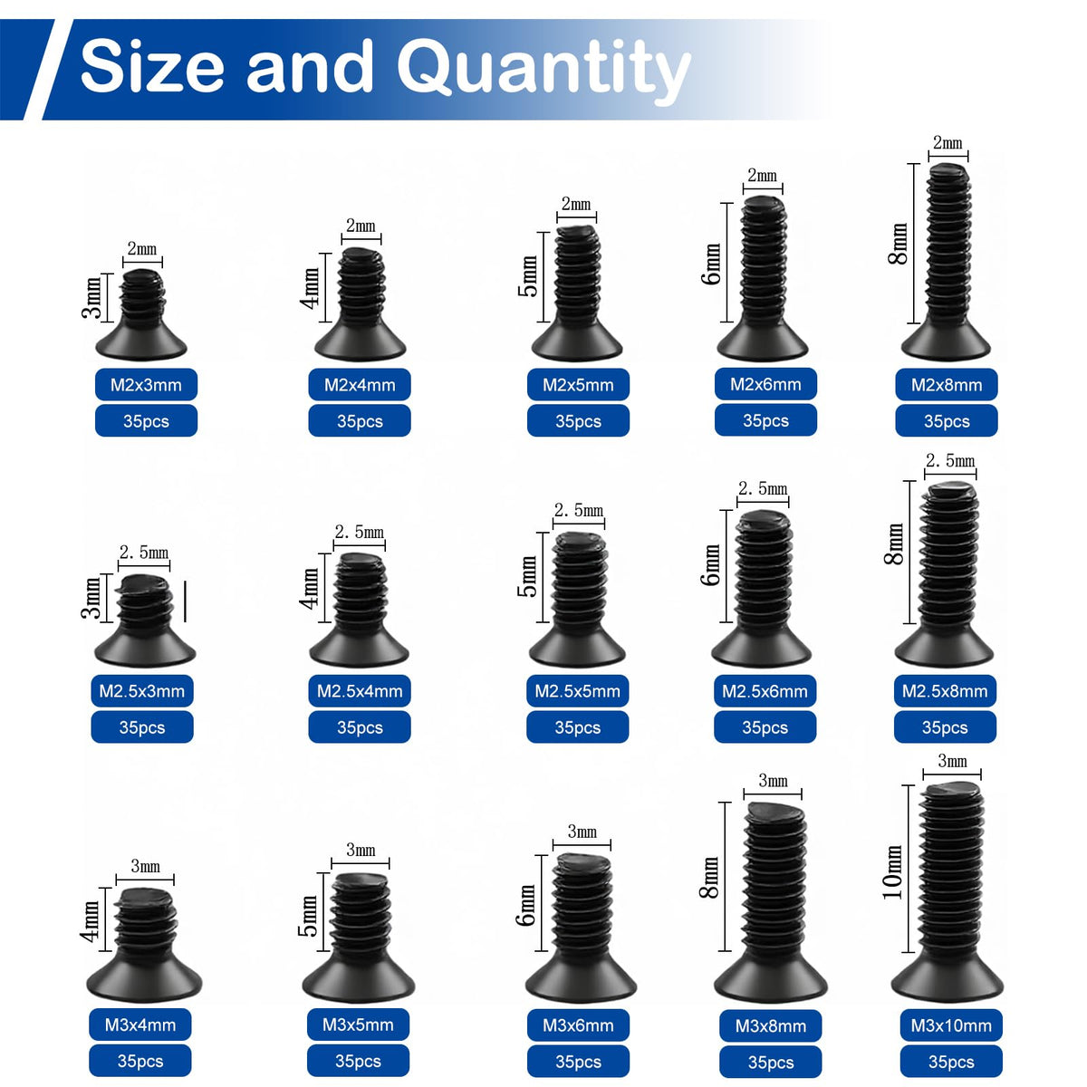 525Pcs M2 M2.5 M3 taraudés plats tête cruciforme Phillips kit acier au carbone
