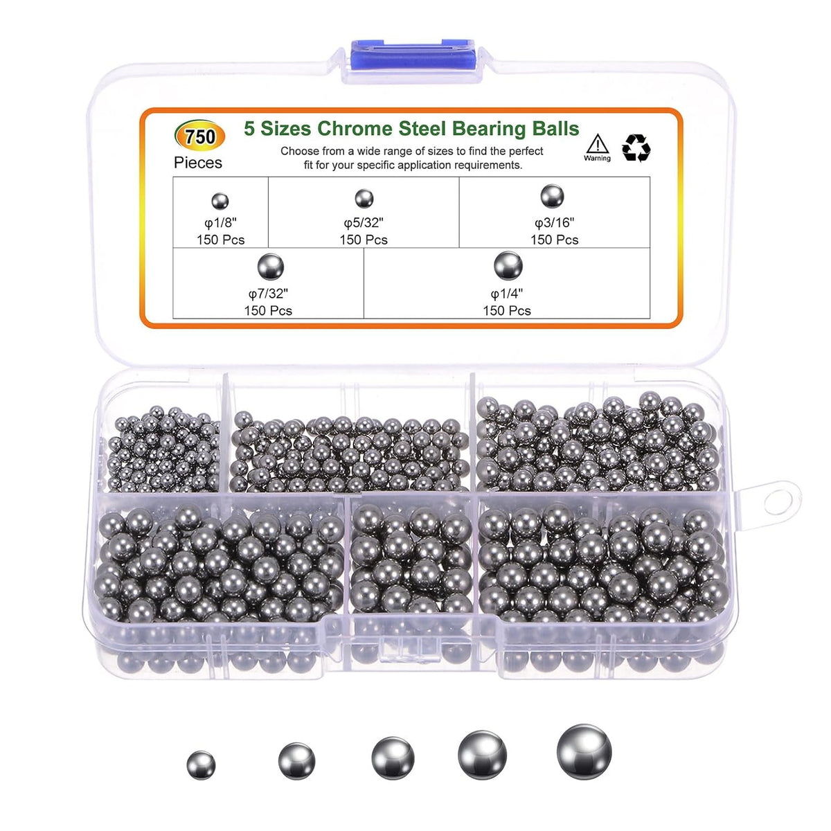 750pcs G16 Precision Balls Assortment Kit 1/8" 5/32" 3/16" 7/32" 1/4" Chrome Steel Solid Bearing Balls
