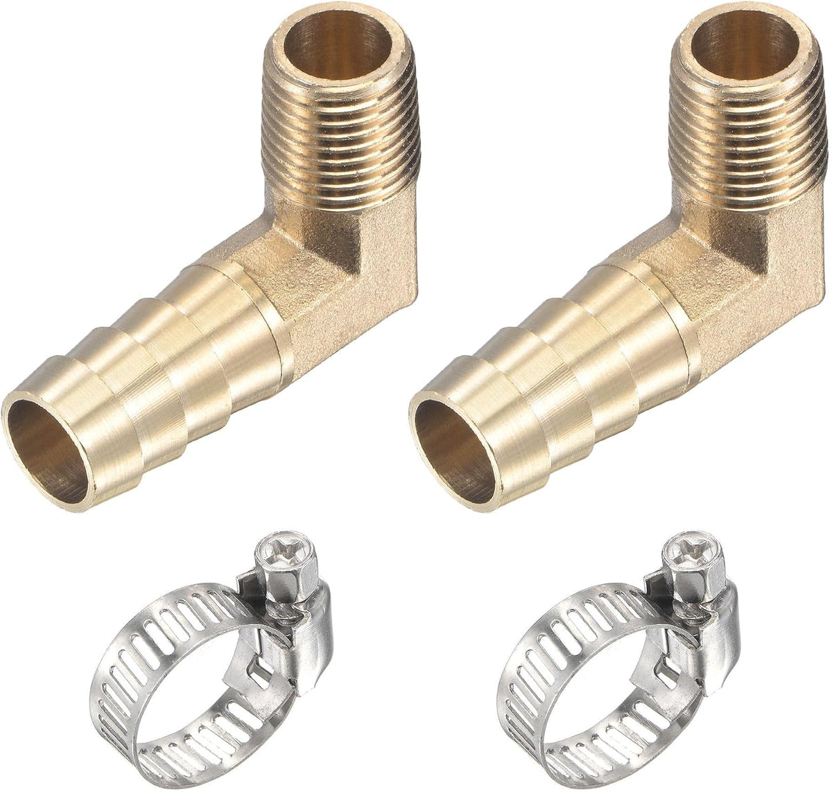 Brass Hose Barb Fitting Elbow 13mm x G1/4 Male Thread Right Angle Pipe Connector with Stainless Steel Hose Clamp, Pack of 2
