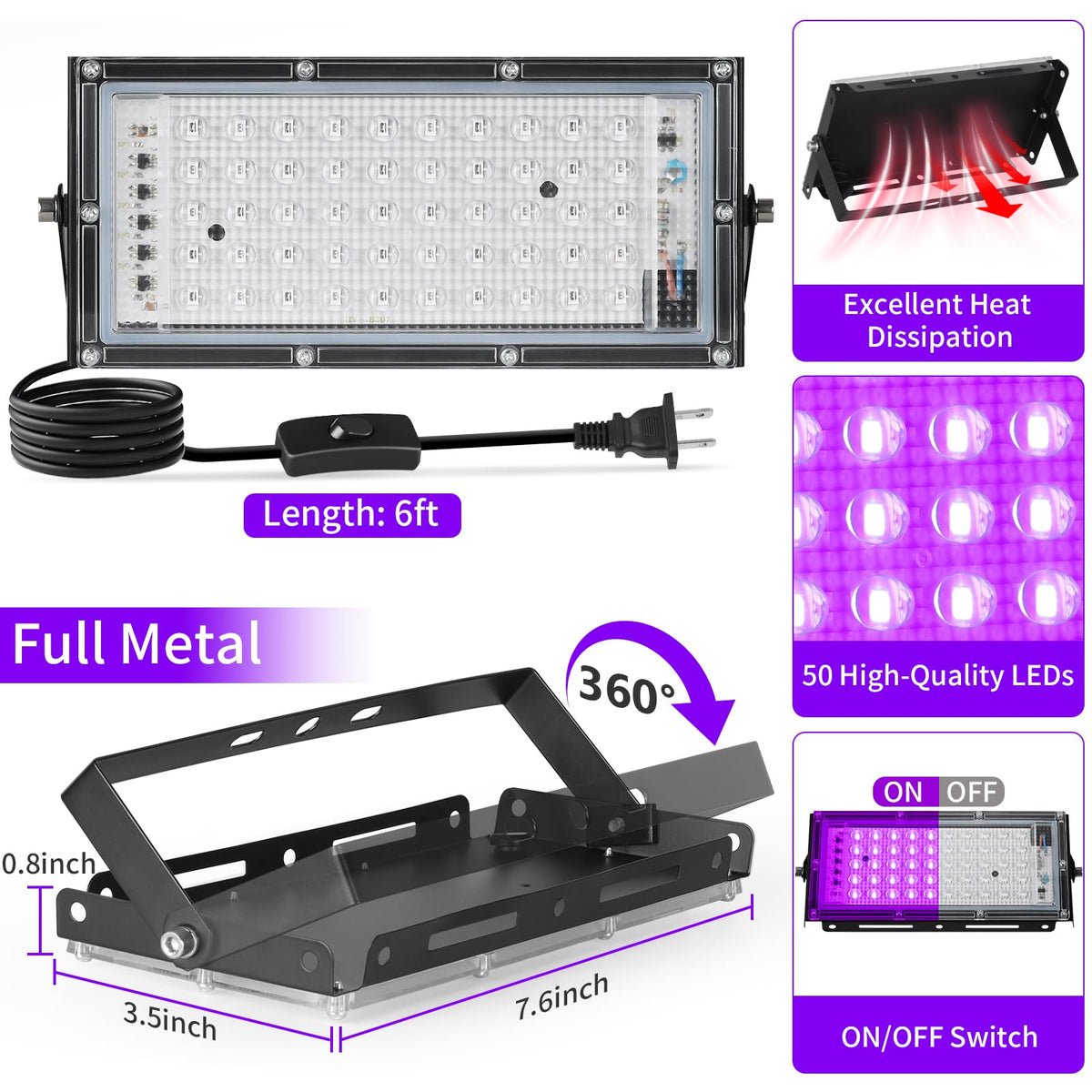 LinkMejor 50W LED Luminile Negre cu Comutator+Priză, IP66 Apărez, 2 Pack
