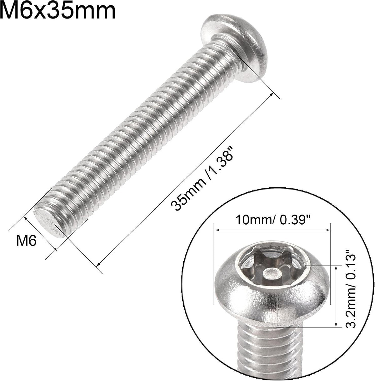 M6x35mm Torx Security Machine Screw, 20szt. Pan Head Screws Inside Column, z Kluczem T30 L-Type, Śruby Fasteners ze Stali Nienagrzewalnej 304
