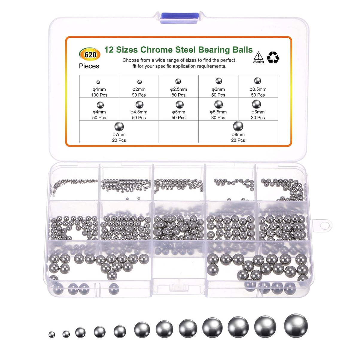 620pcs G200 Precision Balls Assortment Kit 1mm 2mm 2.5mm 3mm 3.5mm 4mm 4.5mm 5mm 5.5mm 6mm 7mm 8mm 304 Stainless Steel Solid Bearing Balls