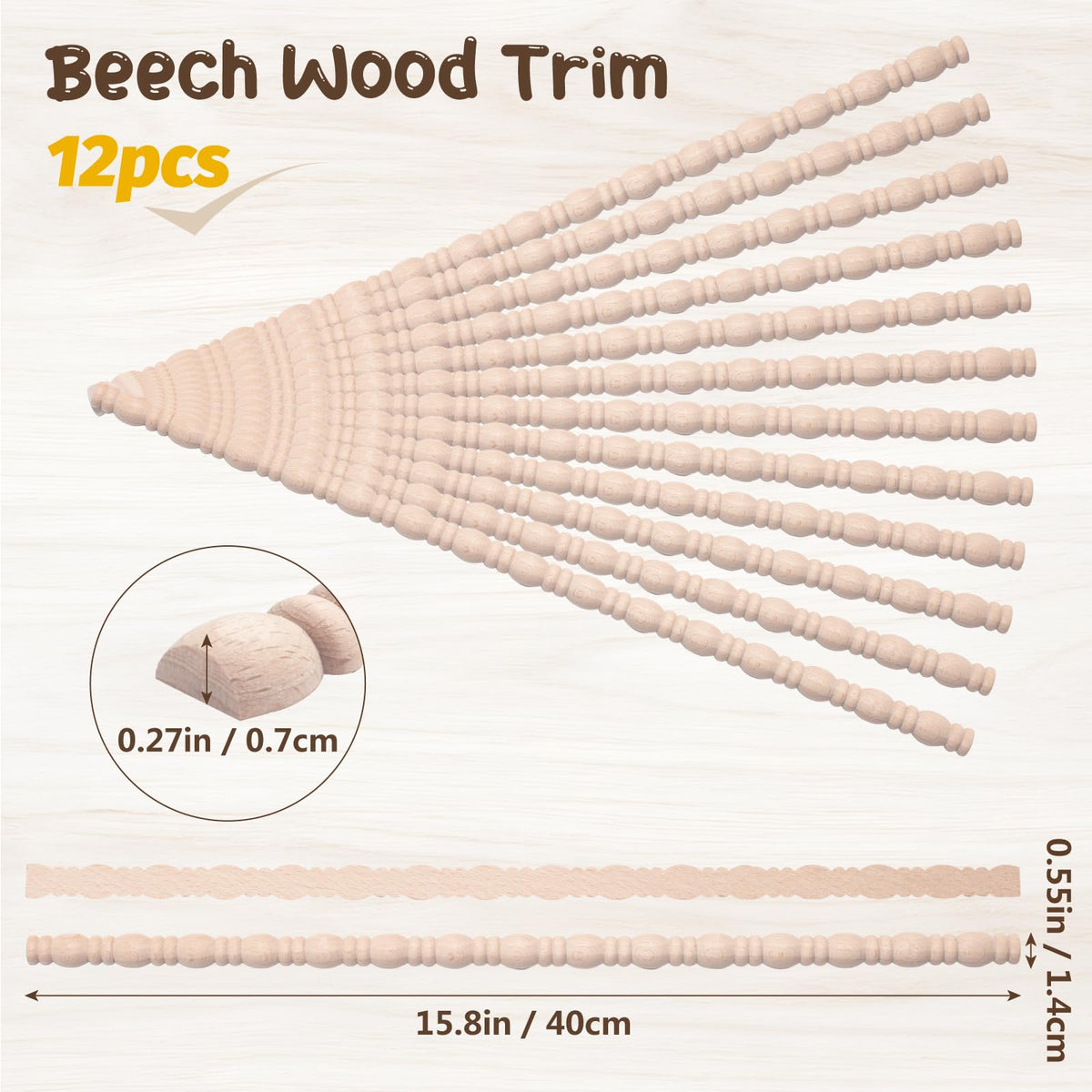 Wood Trim Molding Decorative, Gourd Wood Moldings & Trims, 12 PCS 15.8 inch Long Wooden Strips for Wall, Cabinet, Door, Mirror Frame, Wooden Appliques for Furniture, Window, Dollhouse