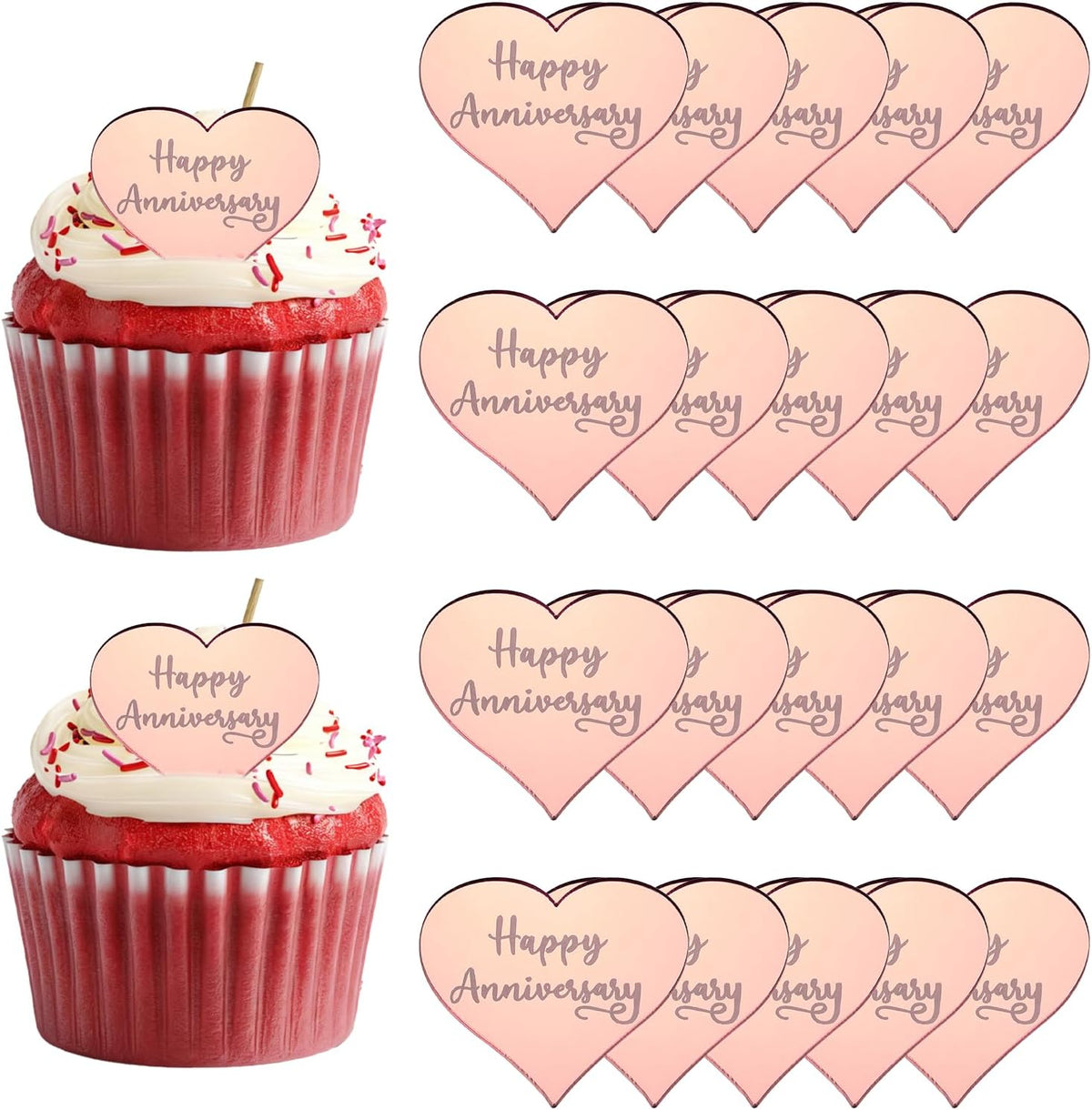 20Pcs Acrylic Mirror Cake Toppers, Happy Anniversary Cupcake Toppers Hexagon Shapes Laser Picks Dessert Decorations for Celebrating Party Wedding Shower, 059-Rose Red