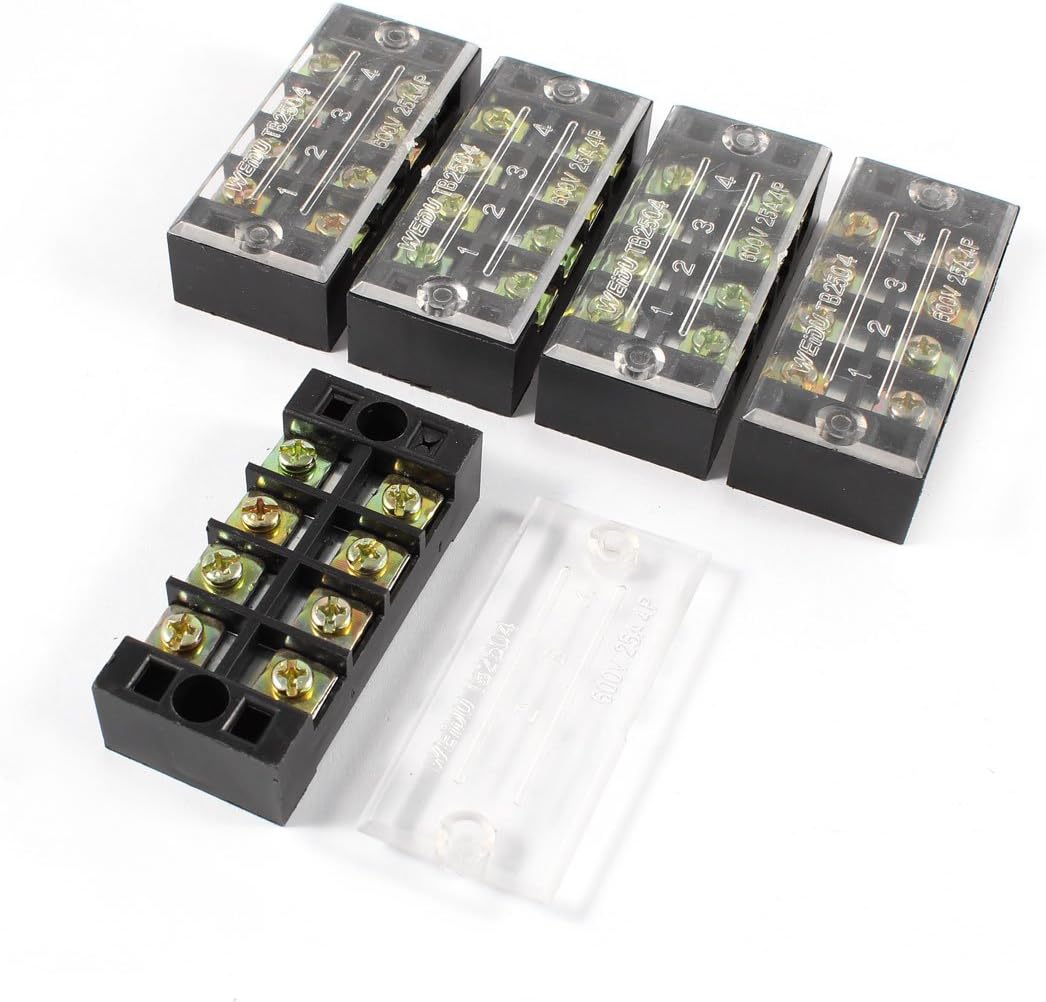 5 Pcs 600V 25A 4 Positions 4P Dual Rows Covered Barrier Screw Terminal Block