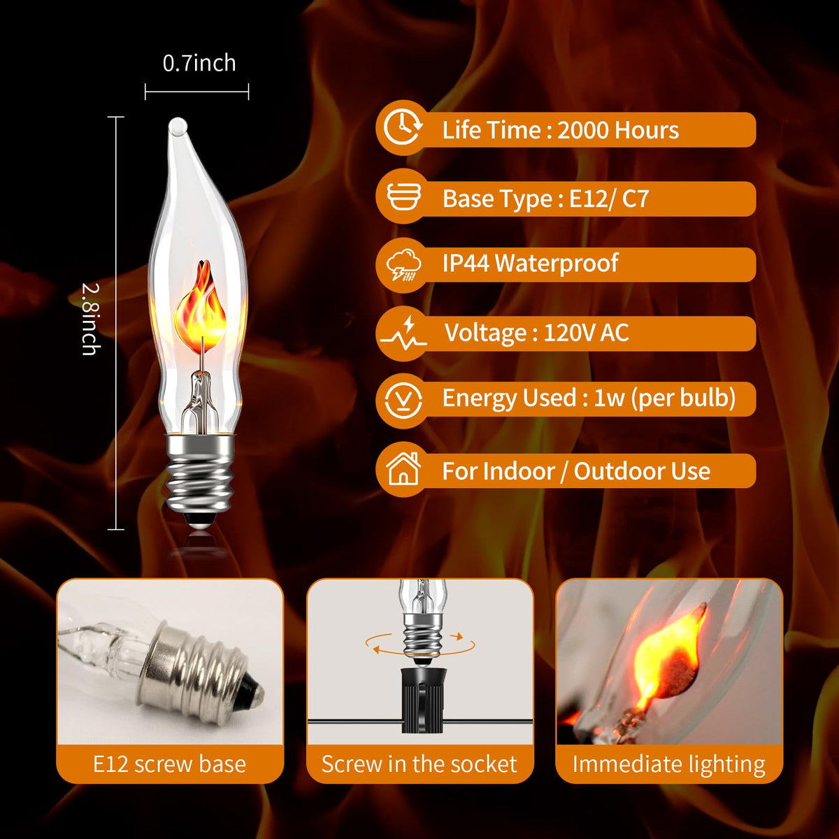 Bola Lampu Api Berkelip 25 Pcs, Bola Lampu Pengganti Berbasis E12 Candelabra