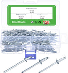 150Pcs 1/8"x1/4", 1/8"x5/16", 1/8"x3/8" Round Head Blind Rivets Assortment Kit, Zinc-Plated Carbon Steel Grip, and Mandrel Cap Blind Rivets, Silver