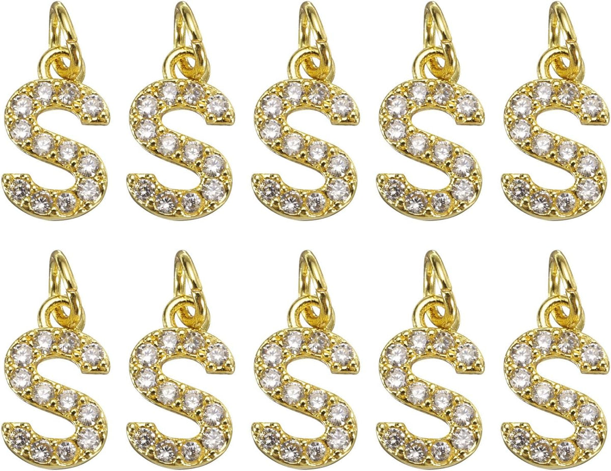 LinkMejor Rhinestone Letter Charm, 10pcs Crystal Zirconia Copper Alphabet S Pendants Slider Letter Charm for Wristbands Bracelets Necklace Jewelry Earring DIY Craft, Gold