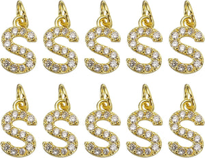 Rhinestone Letter Charm, 10pcs Crystal Zirconia Copper Alphabet S Pendants Slider Letter Charm for Wristbands Bracelets Necklace Jewelry Earring DIY Craft, Gold