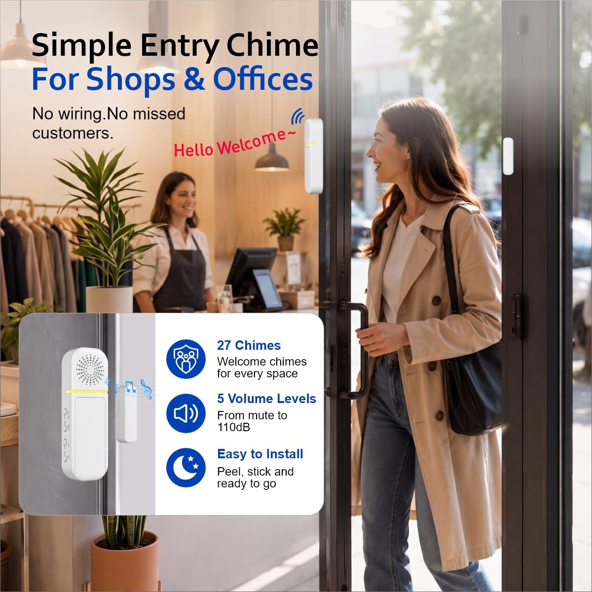Door Alarms/Chimes When Opened, Instant or Delay (30s/1/2 Min), 1 Pack