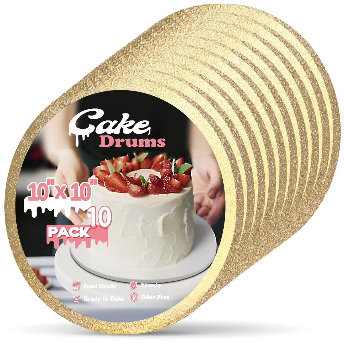 10 PCS Cake Boards 10 Inch Round, 10 Inch Cake Drums, 1/2" Thick Cake Drum, Cake Board Food Grade Cake Base, Gold Cake Cardboard Circles Bases para Pasteles for Wedding & Party & Pizza Desserts