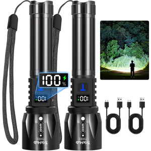 LinkMejor Rechargeable LED Flashlights High Lumens 2Pack, Super Bright Zoomable Handheld Flash Light with LCD Digital Display, Powerful Emergency Linternas, Waterproof, Long Lasting, for Hiking