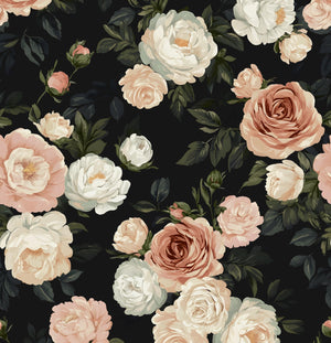 LinkMejor Mørk Blomster Rose Fjernlimt Tapet 17.5" x 393", Svart/Hvit