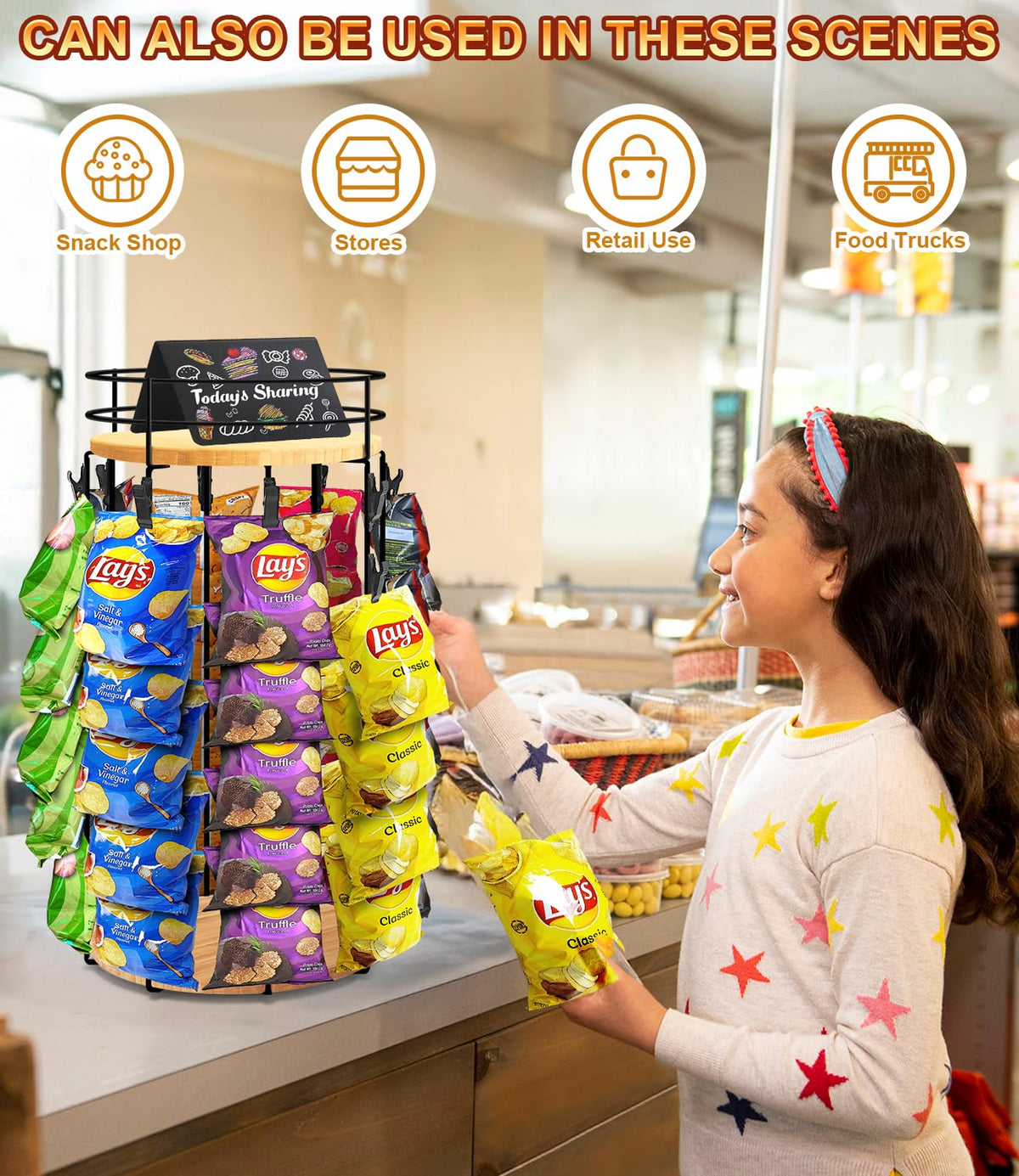 LinkMejor Chip Rack Display Stand, 5-Tier 360° Rotating Snack Organizer,Brown