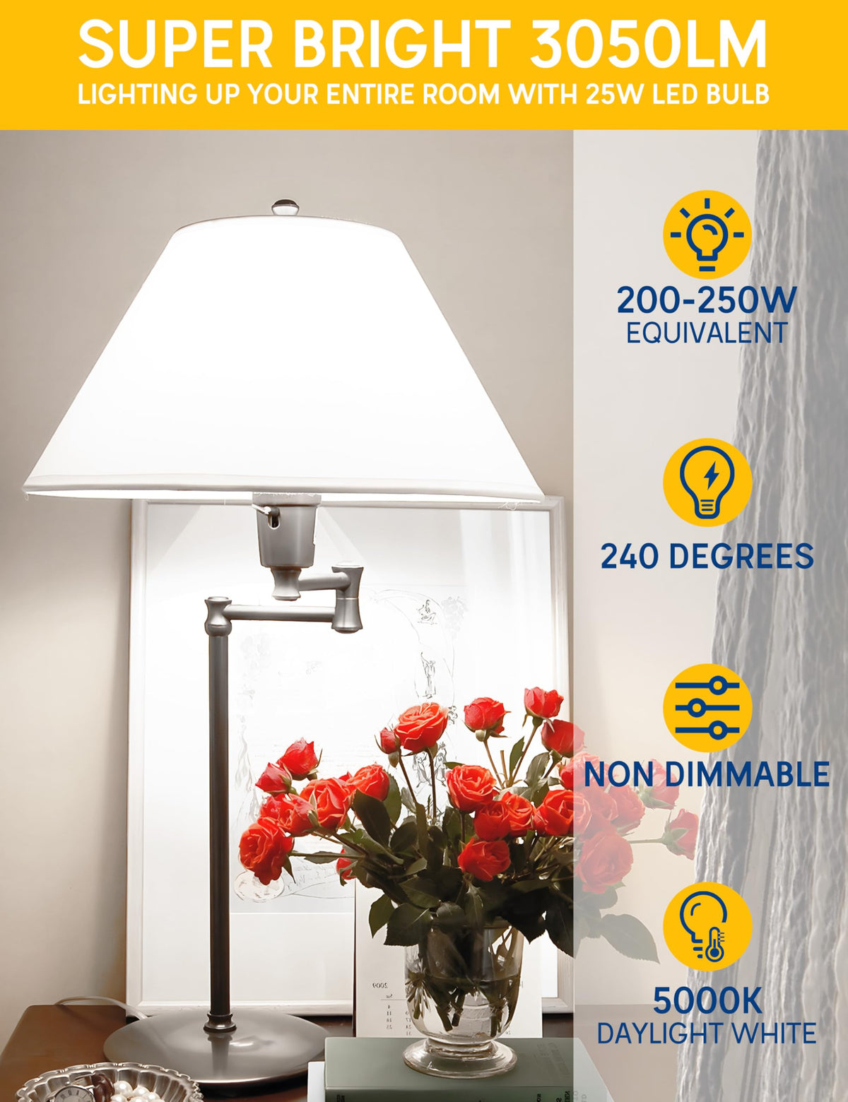 200-250W Tilsvarende LED Lysbomber, 25W Klar Hvid 5000K, A21 E26, 2stk