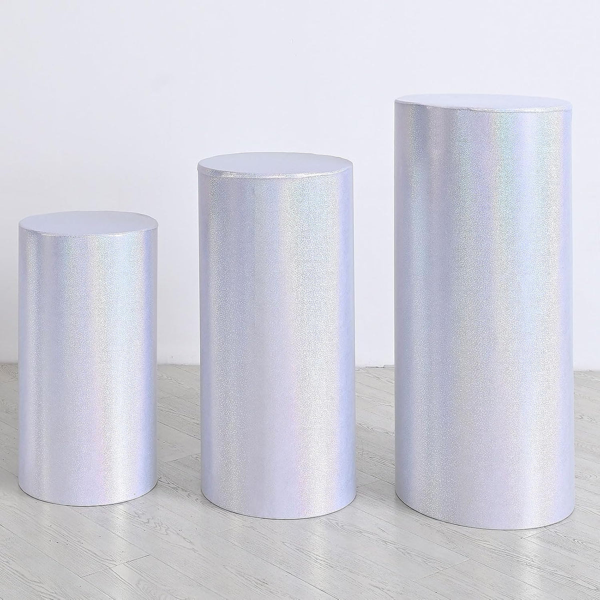Set of 3 White Cylinder Spandex Stand Covers, Plinth Stand Glitters Cover for Party Wedding Birthday Decor - Only Contains Cylinder Covers (Laser Reflective Fabric - Small)