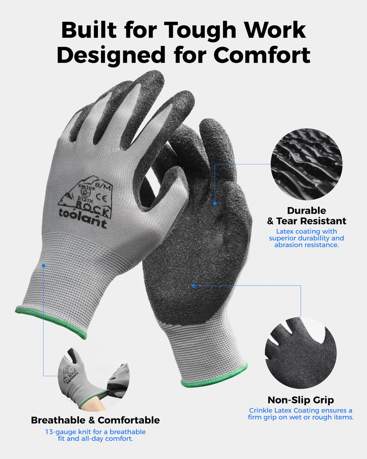 LinkMejor Crinkle Latex Work Gloves, 12 Pairs, Black, Large