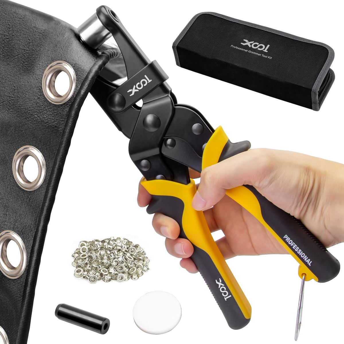 LinkMejor Grommet Tool Kit, 200 Sets 3/8" 10mm Grommets with Magnetic Positioning, Heavy Duty Grommet Pliers with Hole Cutter for Tarps, Canvas, Fabric, Banners, Leather and DIY Crafts