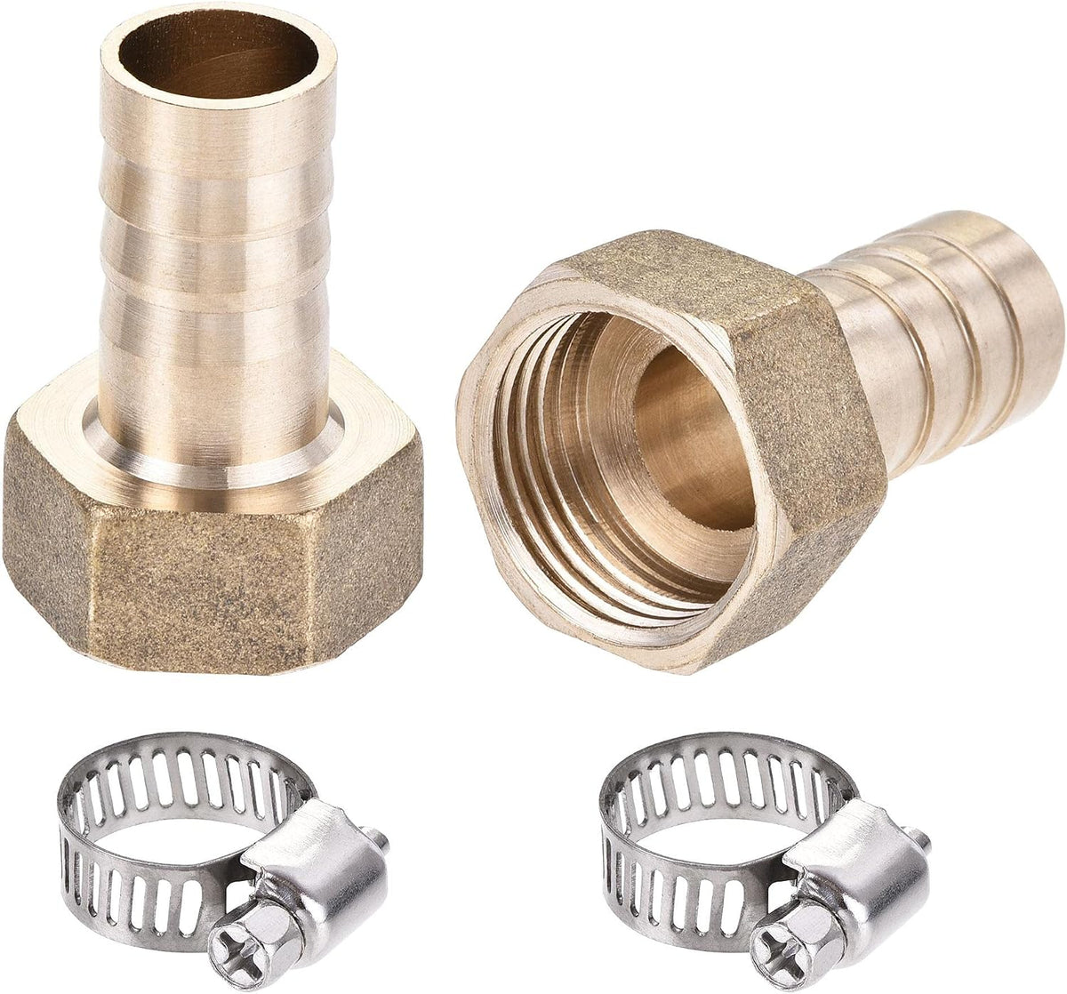 Brass Barb Hose Fitting Connector Adapter 14mm Barbed x G1/2 Female Pipe with 9-16mm Hose Clamp 2Set