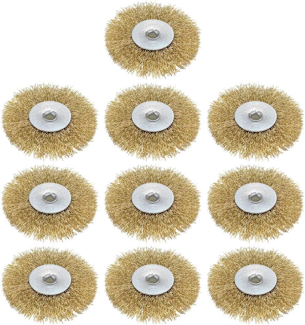3-Inch Wire Wheel Brush Bench Brass Plated Crimped Steel with 1/4-Inch Arbor Hole 10 Pcs