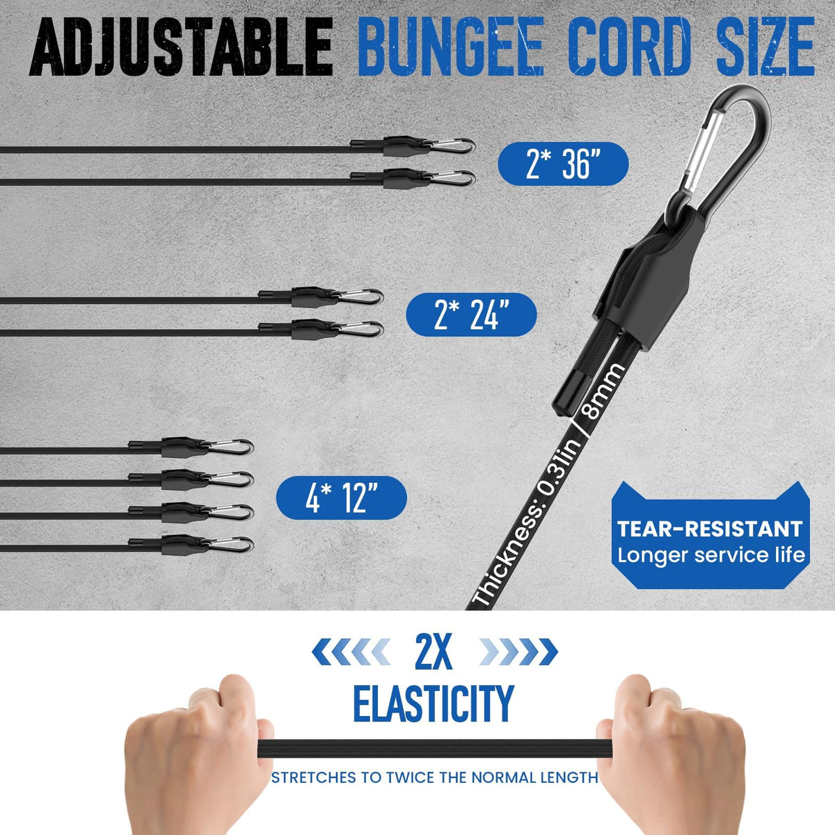 LinkMejor 8 Pcs Adjustable Bungee Cord with Hooks 3 Sizes, 12" 24" 36" Black