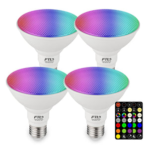 LinkMejor Bombilla LED Cambio de Color PAR30 con Control Remoto, Bombilla de Luces de Lluvia RGB Ajustable, Bombillas de Luz Coloreada 10W=65W, 2700K-6000K, 30 Colores, Temporizador, Foco para Iluminación Empotrada 4-Pack