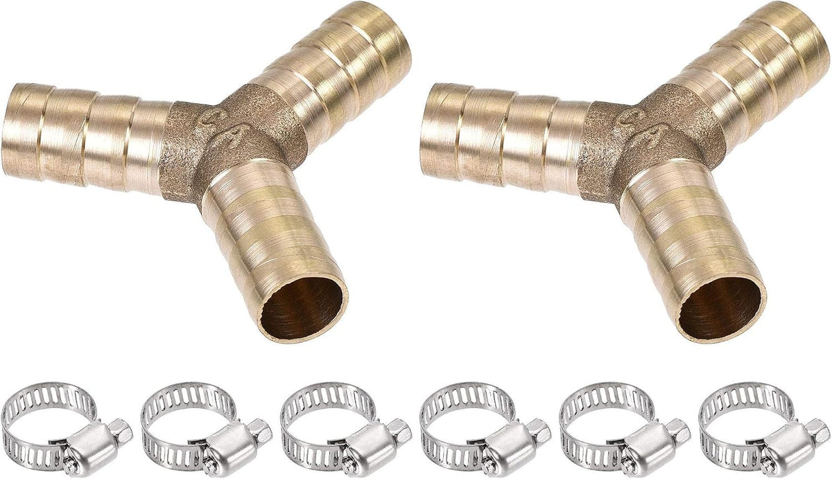 Barb Hose Fitting 10mm OD Y Shape Pipe Connector Brass 2Pcs with 6Pcs 6-12mm Hose Clamps for Water Fuel Air