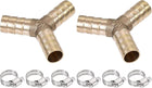 Barb Hose Fitting 10mm OD Y Shape Pipe Connector Brass 2Pcs with 6Pcs 6-12mm Hose Clamps for Water Fuel Air