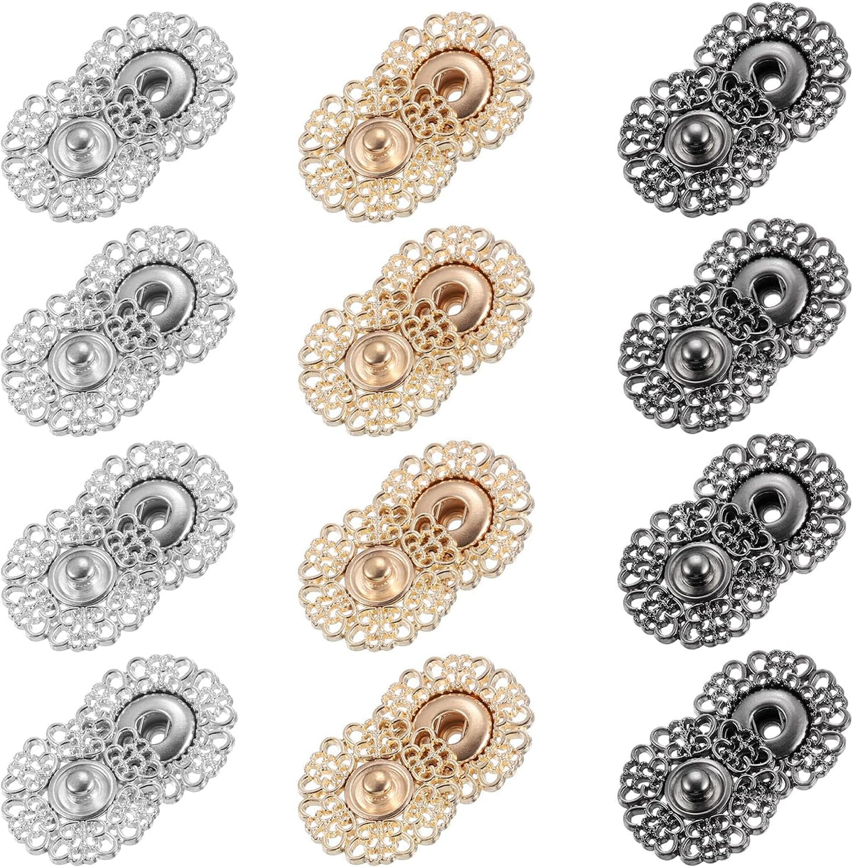24 Sets Hollow Flower Snap Buttons, 25mm Press Buttons Metal Snap Fasteners for Clothes DIY Crafts, Silver/Gold/Iron Grey