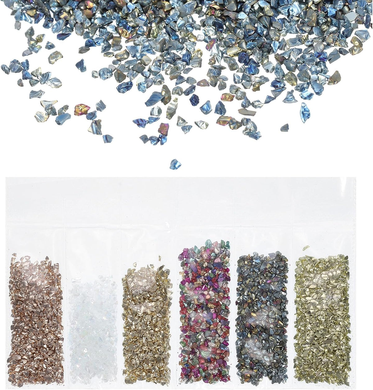 Crushed Glass High Luster Chips 1-3mm 29g Irregular Glass Metallic Crystal Chips for Resin Arts Craft DIY Vase Filler Jewelry Making Decoration, 6 Colors, Golden Color Series