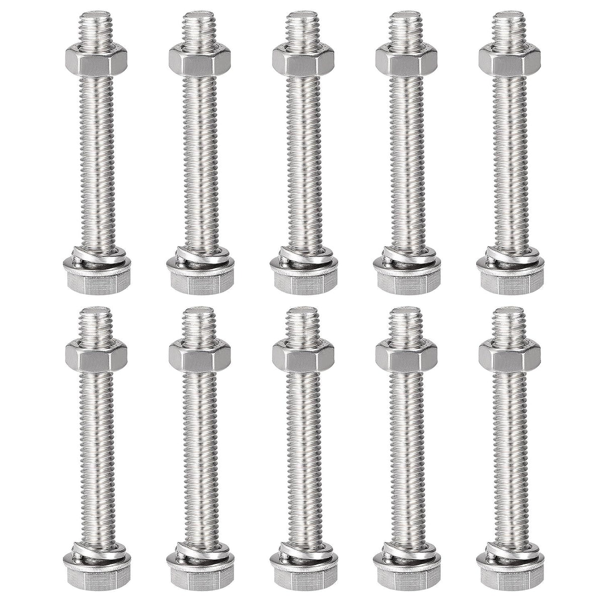 M8 x 55mm Hex Head Screws Bolts, Nuts, Flat & Lock Washers Kits, 304 Stainless Steel Fully Thread Hexagon Bolts 10 Sets