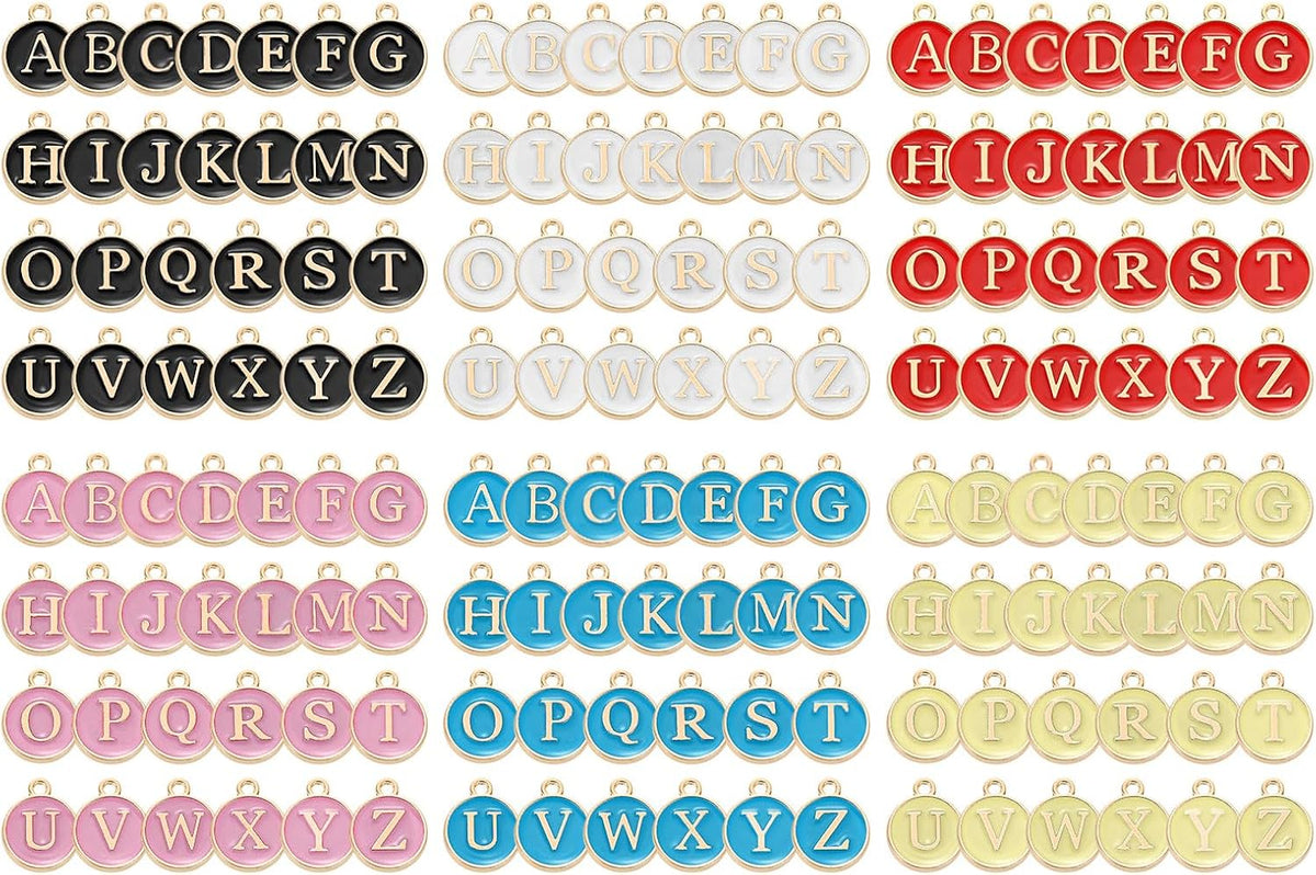 156 Pcs Letter Charm, Alloy A-Z Initial Charm Round Alphabet Pendant for Necklace Bracelet Earring Jewelry Making Diy, Black+White+Pink+Blue+Yellow+Red
