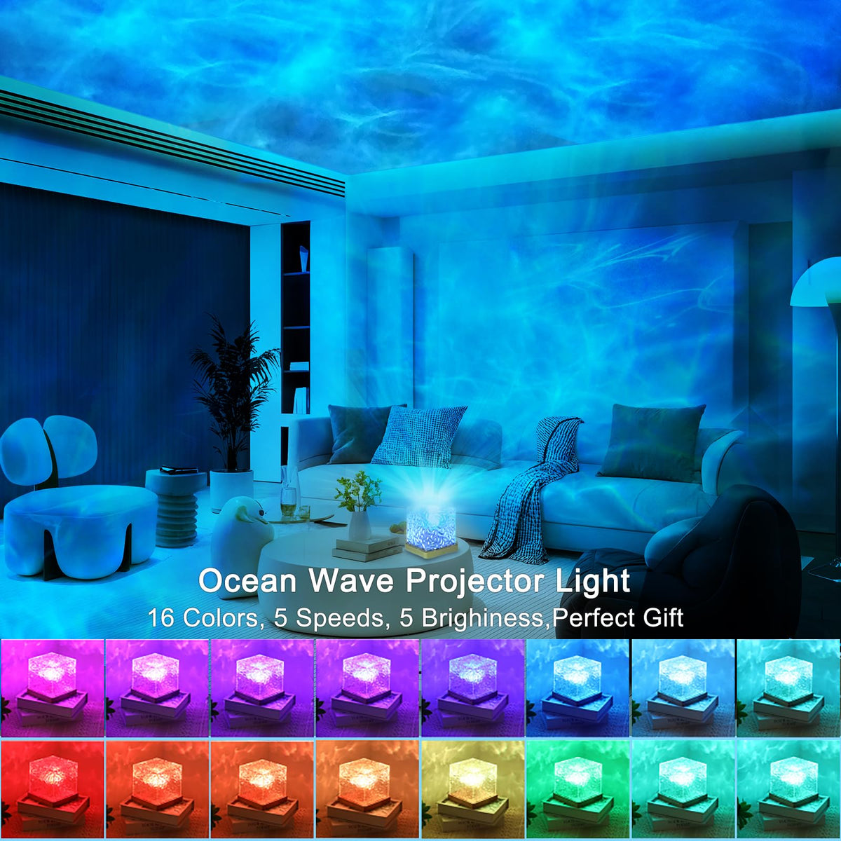 Proiettore Luce Onde Oceano con Telecomando, Illuminazione Ambientale a 16 Colori per Stanza